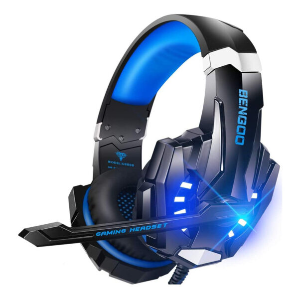 BENGOO G9000 Stereo Gaming Headset for PS4 PC Xbox One PS5 Controller, Noise Cancelling Over Ear Headphones with Mic, LED Light, Bass Surround, Soft Memory Earmuffs (Blue)